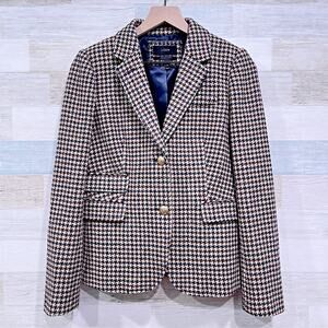 J CREW Tweed Schoolboy Blazer Brown Houndstooth 100% Wool Gold Buttons Womens 8